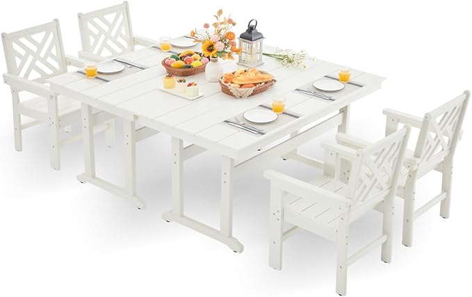 HDPE Outdoor Dining Set,6-Piece Outdoor Table and Chairs Include 4 Dining Chairs and 2 Pcs 62.5" Patio Dining Table with Umbrella Hole (White)