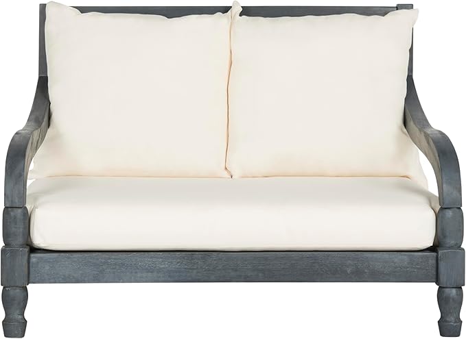 SAFAVIEH Outdoor Collection Pomona Ash Grey Solid Wood/Beige Lounger Bench Sofa Loveseat (PAT6740B)