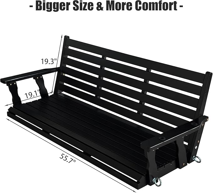 Wooden Porch Swing, Ergonomic Seat, Bench Swing with Hanging Chains and 7mm Springs, Heavy Duty 800 LBS, for Outdoor Patio Garden Yard (Carbon Black, 3-Seater Extra Large)