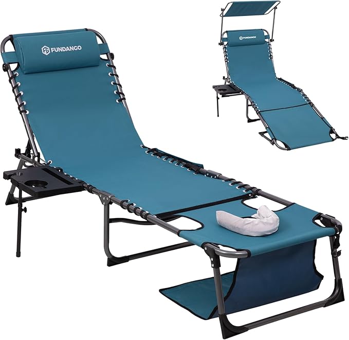 FUNDANGO 4 in 1 Tanning Chair with Face Hole & Canopy Shade, Beach Lounge Chair with Side Table Chaise Lounge Chairs for Patio, Pool, Lawn, Sunbathing, 5-Position Adjustable Sun Lounger,Cyan