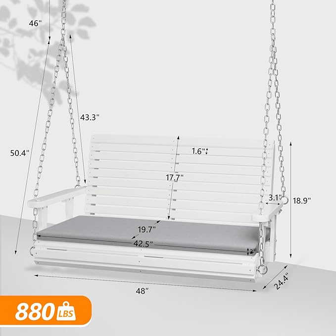VINGLI Wooden Porch Swing, Heavy Duty 880 LBS Hanging Patio Bench with Extra Cushion for Lawn| Garden| Courtyard (White, 4 feet)