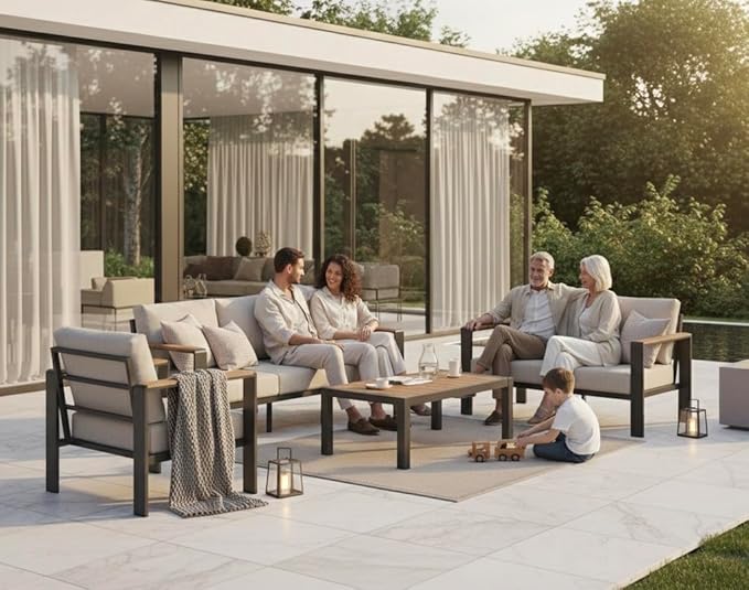 Aluminum Outdoor Patio Furniture Set with Coffee Table, 4 Piece Patio Conversation Sets with Washable Thick Cushions, Outdoor Sectional Furniture Set for Porch, Balcony, Deck, Yard, Silver