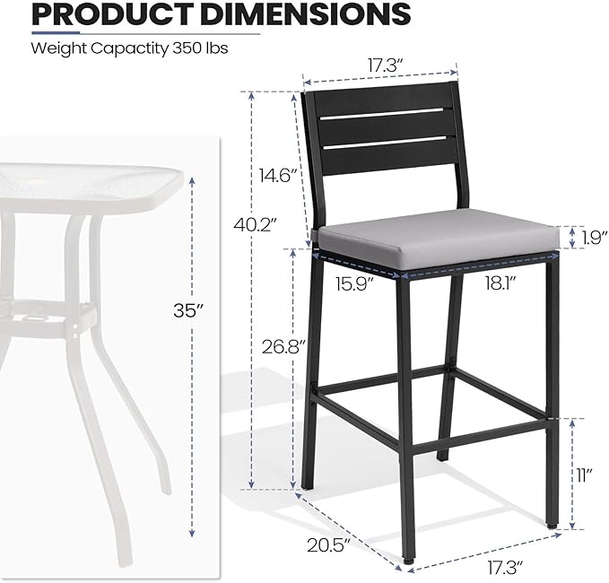 Crestlive Products Outdoor Bar Stools Set of 4, Patio Counter Height Barstools with Cushions, Tall Chairs with Back and Footrest for Deck, Lawn, Garden, Backyard, Poolside, Or Indoor Use (Light Gray)