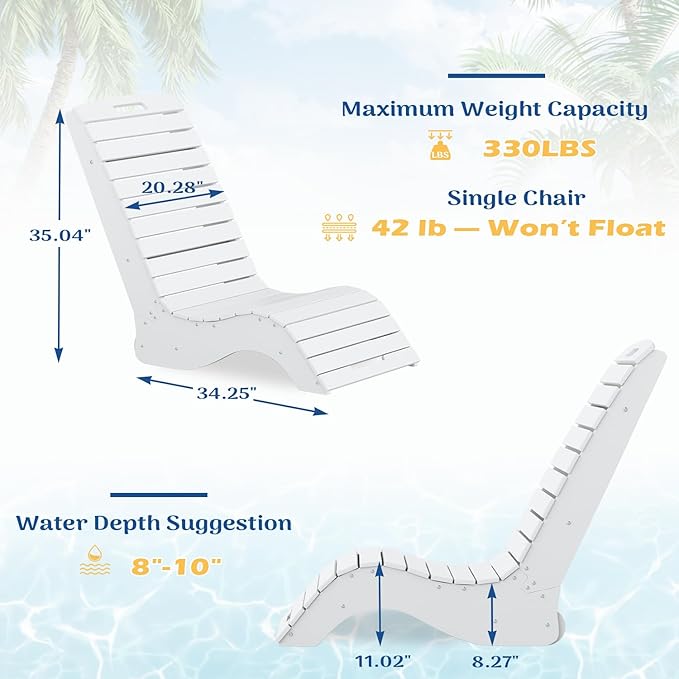 MELLCOM HDPE Pool Lounge Chairs Set of 2, in Pool Lounge Chairs up to 10-Inches of Water, Chaise Lounge Chairs with Wheels, S Shape Patio Lounge Chairs for Pool, Deck, Garden, Beach, White