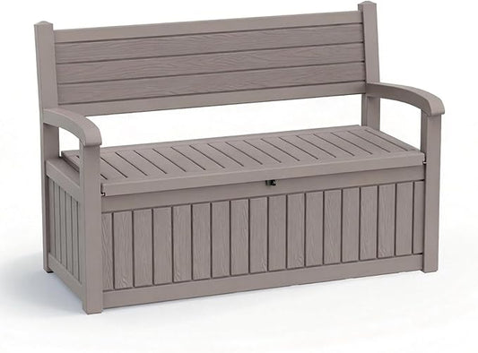 EasyUp 80 Gallon Wood Grain Style Outdoor Storage Bench, Waterproof and Lockable Deck Box Outdoor Storage Furniture for Patio,Garden,and Porch – Perfect for Storing Garden Tools and Cushions(Gray)