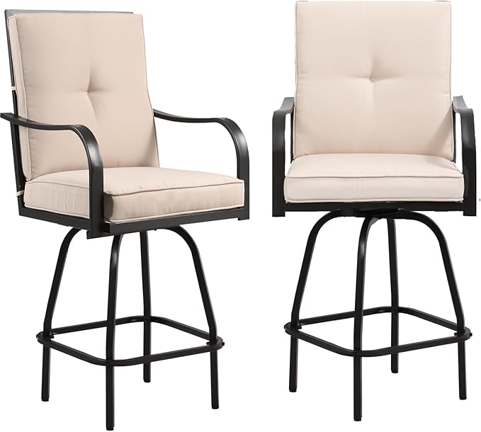 Outdoor Swivel Bar Stools Set of 2,Bar Height Patio Chairs with Cushions and High Backrest, All Weather Patio Bar Stools Furniture for Bistro Lawn, Pool, Garden and Backyard,Light Brown