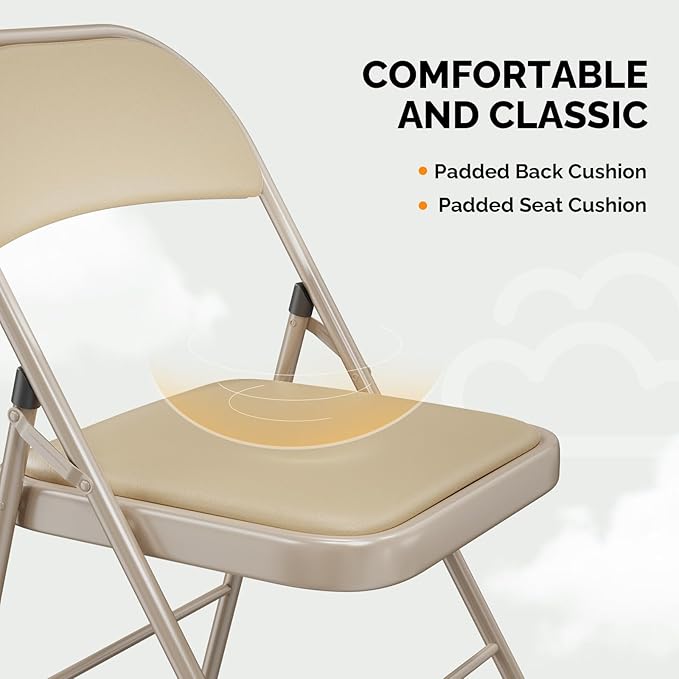 VINGLI 10 Pack Folding Chairs with Padded Seats, Metal Frame with Pu Leather Seat & Back, Capacity 350 lbs, Set of 10, Khaki
