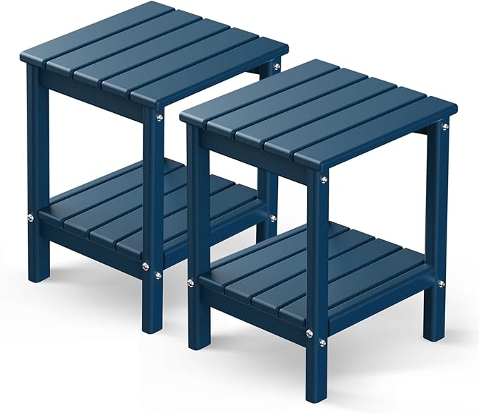 GREENVINES Adirondack-Outdoor-Side-Table | Set of 2 | 14 x 13 Inches | HDPE Plastic | All Weather | Blue | Outside End Tables | Storage Shelf | for Patio Porch Backyard Indoor