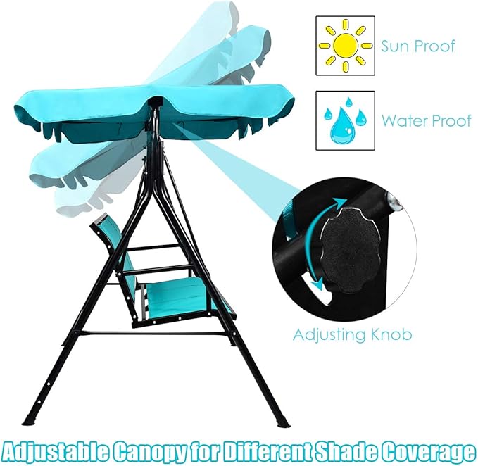 TANGKULA 3 Person Patio Swing, Steel Frame with Polyester Angle Adjustable Canopy, All Weather Resistant Swing Bench, Suitable for Patio, Garden, Poolside, Balcony (Turquoise)