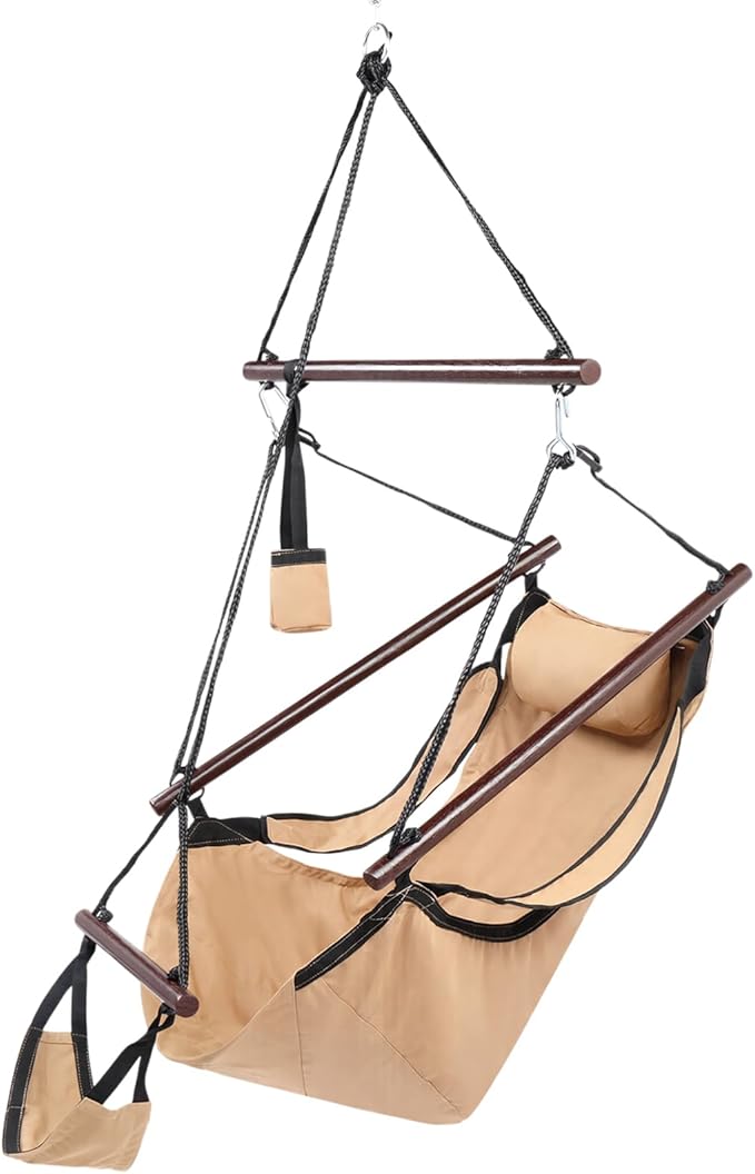 ONCLOUD Upgraded Unique Hammock Sky Chair, Air Deluxe Hanging Swing Seat with Rope Through Beech Wood Bar Safer Relax with Drink Holder & Fuller Pillow for Indoor Outdoor Patio Yard 250LBS (Tan)