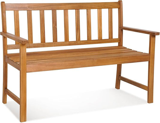 Tangkula Outdoor Acacia Wood Bench, 2-Person Garden Bench with Backrest and Armrests, Garden Bench with Slatted Seat for Porch, Park, Backyard, 800 Lbs Max Load, 48” L x 22” W x 34” H, Natural