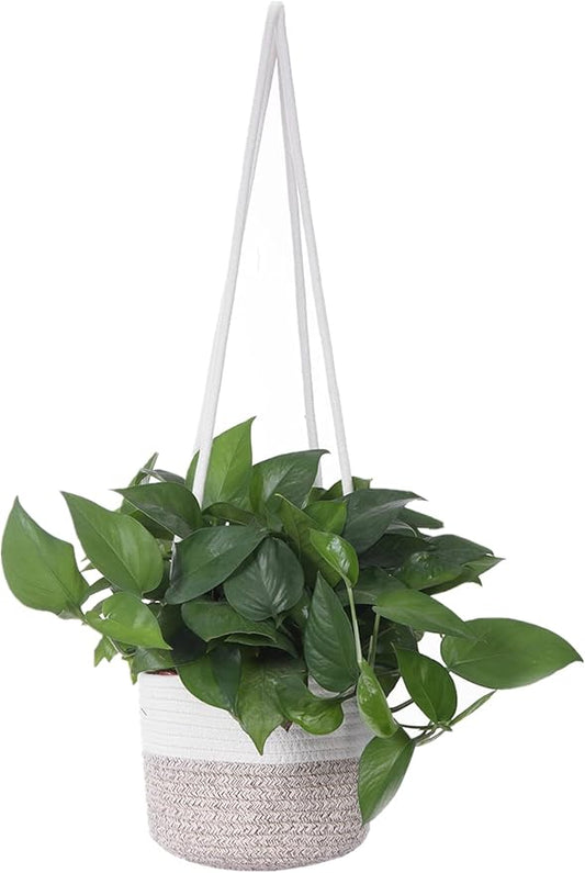 Hanging Planter Basket Jute Rope Woven Plant Hangers Indoor Hanging Plant Holder Up to 7" Pot Macrame Modern Storage Organizer Home Decor (White & Brown)