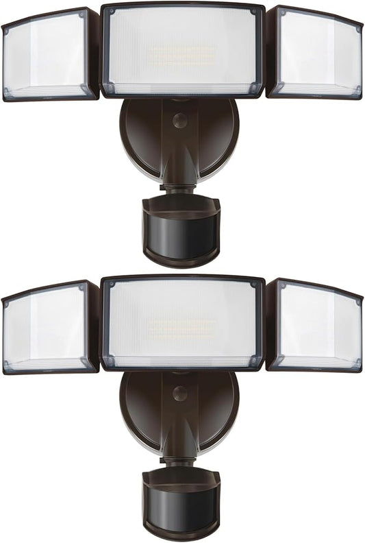 LUTEC 2 Pack 72W 7500LM LED Security Lights Motion Sensor Light Outdoor, 5000K Daylight, IP65 Waterproof, Dusk to Dawn, 3-Head Motion Detected Flood Light for Garage, Yard, Porch(Brown)