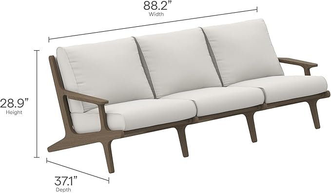 Modway Saratoga Teak Outdoor Patio Sofa in Weathered Gray White – 3 Seater Couch with Weather-Resistant Cushions – Wooden Outdoor Furniture Sofa
