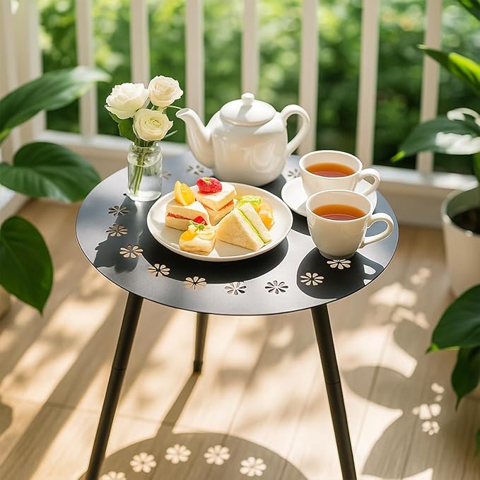 18 Inch Outdoor Side Table Patio Round Tables for Outside Black End Tables Small Coffee Table End Table Modern Metal Porch Plant Stands for Balcony, Indoor, Bedroom, Living Room, Small Spaces