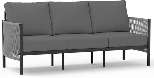 Aluminum Outdoor Patio Couch, 3 Seats HDPE Rope Patio Sofa with Washable Thick Cushion, All-Weather Patio Furniture for Balcony, Yard, Gray Frame, Charcoal