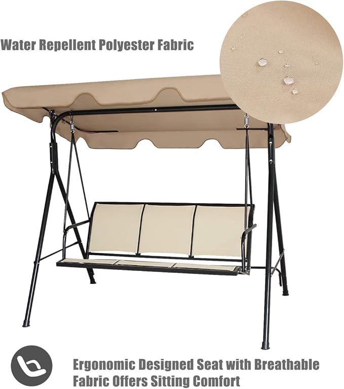 Tangkula 3 Person Patio Swing, Steel Frame with Polyester Angle Adjustable Canopy, All Weather Resistant Swing Bench, Suitable for Patio, Garden, Poolside, Balcony (Brown)