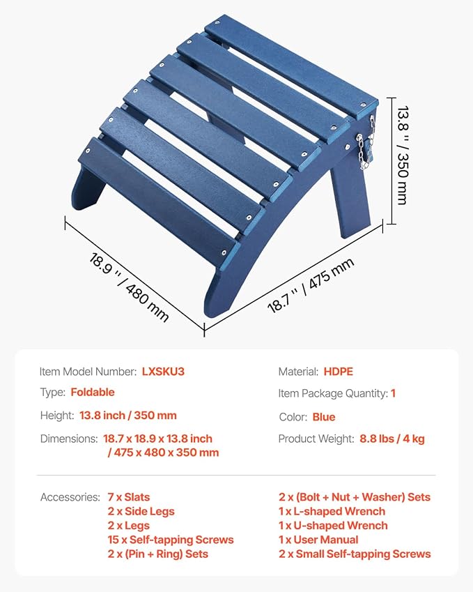 VEVOR Adirondack Ottoman, 18.7L x 18.9W x 13.8H Inch HDPE Plastic Folding Adirondack Ottoman, Weather-Resistant Foot Rest for Adirondack Chair, Widely Used for Outside Porch Pool Lawn Backyard, Blue