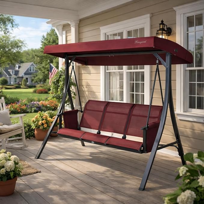 Kozyard Brenda 3-Seat Outdoor Porch Swing Glider, Patio Swing with Adjustable Canopy, Steel Frame, Breathable Textilene Seat & Back, Side Pockets (Burgundy)