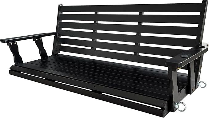 Wooden Porch Swing, Ergonomic Seat, Bench Swing with Hanging Chains and 7mm Springs, Heavy Duty 800 LBS, for Outdoor Patio Garden Yard (Carbon Black, 3-Seater Extra Large)