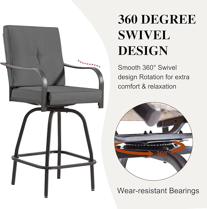 Patio Swivel Bar Stools, Outdoor Bar Height Swivel Chairs Set of 6 with Cushion & All Weather Steel Frame for Backyard, Lawn, Poolside and Balcony, Dark Grey