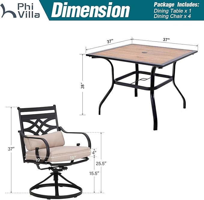 PHI VILLA 5 Pieces Outdoor Dining Set for 4, 37" Square Wood-top Metal Table & Wrought Iron Swivel Chairs, All Weather Large Outside Furniture with Cushions & Pillows for Patio, Deck, Porch