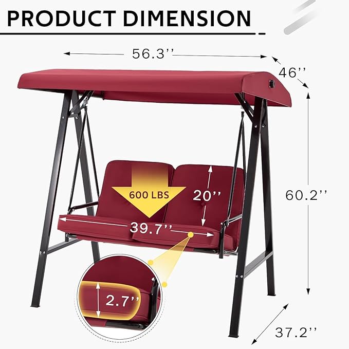 AECOJOY 2-Seat Outdoor Patio Swing Chair with Adjustable Canopy, Porch Swings Chairs for Adult, Outside Swing Bench with Removable Cushion, Suitable for Backyard, Garden, Yard, Poolside, Balcon, Red