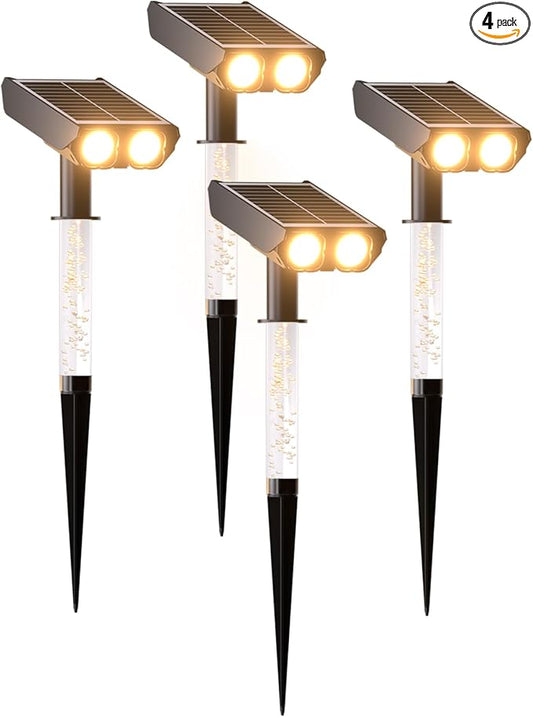 Solar Spotlights Outdoor Waterproof- 2 IN 1 Solar Spot Lights Outdoor with 2 Lighting Modes & PC Light Guide Column for Garden Yard Pathway | Warm Yellow 3000k Spotlights | IP65 Waterproof | 4 Pack