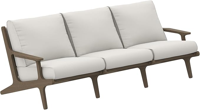 Modway Saratoga Teak Outdoor Patio Sofa in Weathered Gray White – 3 Seater Couch with Weather-Resistant Cushions – Wooden Outdoor Furniture Sofa