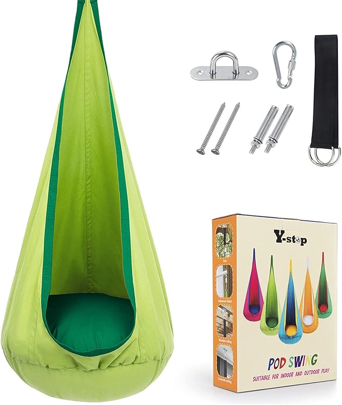 Y-STOP Kids Pod Swing Seat, Hanging Hammock Chair with Inflatable Pillow, Sensory Swing Chair with Pocket for Indoor and Outdoor(Green)