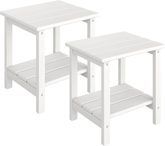 GarveeLife Outdoor Side Table 2-Tier, 18 in HDPE All Weather Resistant Patio Side Tables for Outside, End Table for Patio Pool Deck Indoor Backyard, White-2Pcs