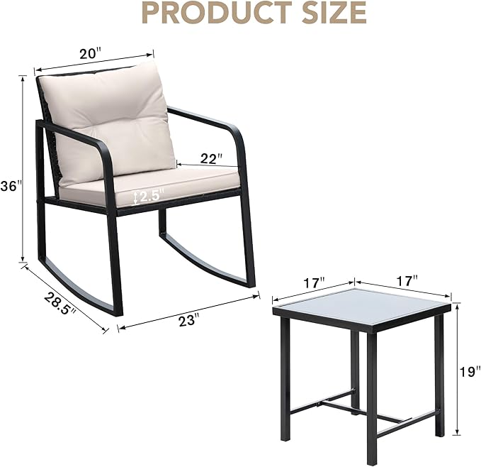 Devoko 3 Piece Rocking Bistro Set Wicker Patio Outdoor Furniture Porch Chairs Conversation Sets with Glass Coffee Table (Beige)
