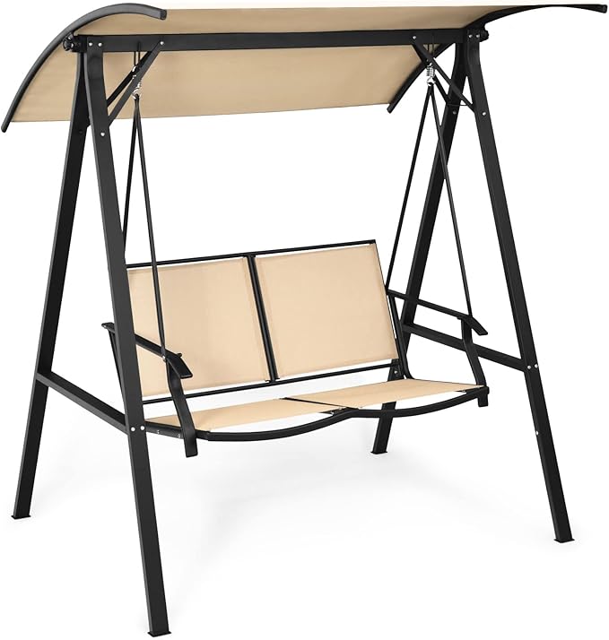 Tangkula 2-Person Patio Swing, Weather Resistant Porch Swing with Adjustable Canopy, Steel Frame, Outdoor Modern Canopy Swing with Handrails, Suitable for Porch Garden Poolside (Coffee)