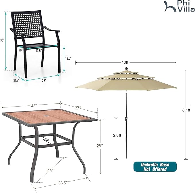 PHI VILLA 5 Pieces Outdoor Dining Set for 4 with Umbrella, 37" Square Wood-Like Steel Table & Stackable Iron Chairs with Cushions & 10ft Beige Umbrella, Modern Furniture for Patio, Deck, Yard, Porch
