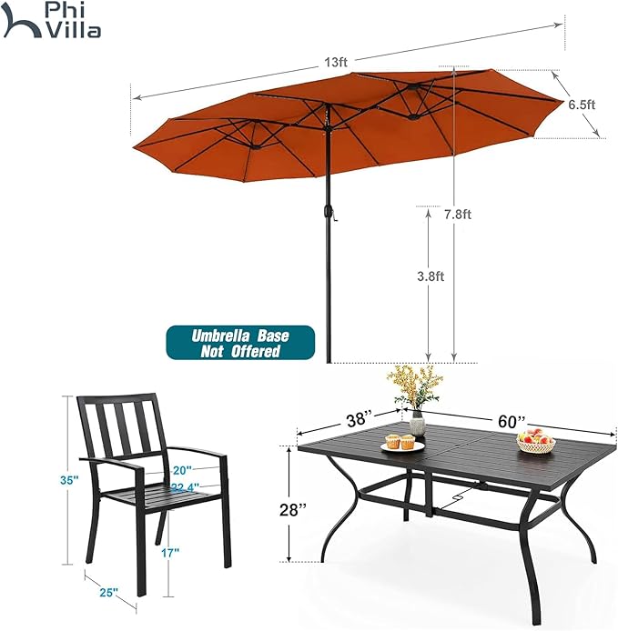 PHI VILLA 7 Piece Patio Dining Set with Umbrella, 60” Rectangular Metal Dining Table & 6 Stackable Metal Chairs & 13ft Large Red Umbrella for Outdoor, Deck, Yard, Porch