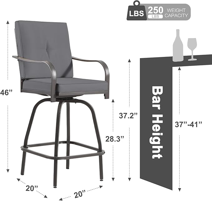 Patio Swivel Bar Stools Set of 2, Outdoor Bar Height Swivel Chairs with Cushions for Garden Balcony Backyard, Grey