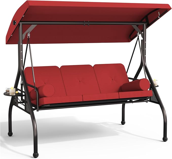 Oakcloud 3-Seat Outdoor Porch Swing,Large Converting Swing Chair with Adjustable Canopy,Patio Swing Glider with Thicken Cushions & Pillows for Poolside Balcony Backyard (Red)