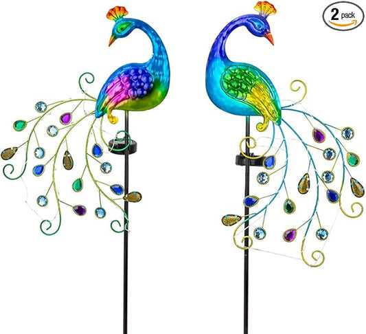 DREAMSOUL 2 Pack Peacock Solar Lights Outdoor, Waterproof Metal Peacock Outdoor Solar Lights for Yards Pathway Lawn Decoration Peacock Gifts