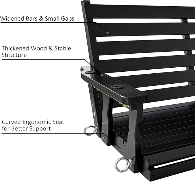 Wooden Porch Swing, Ergonomic Seat, Bench Swing with Hanging Chains and 7mm Springs, Heavy Duty 800 LBS, for Outdoor Patio Garden Yard (Carbon Black, 3-Seater Extra Large)