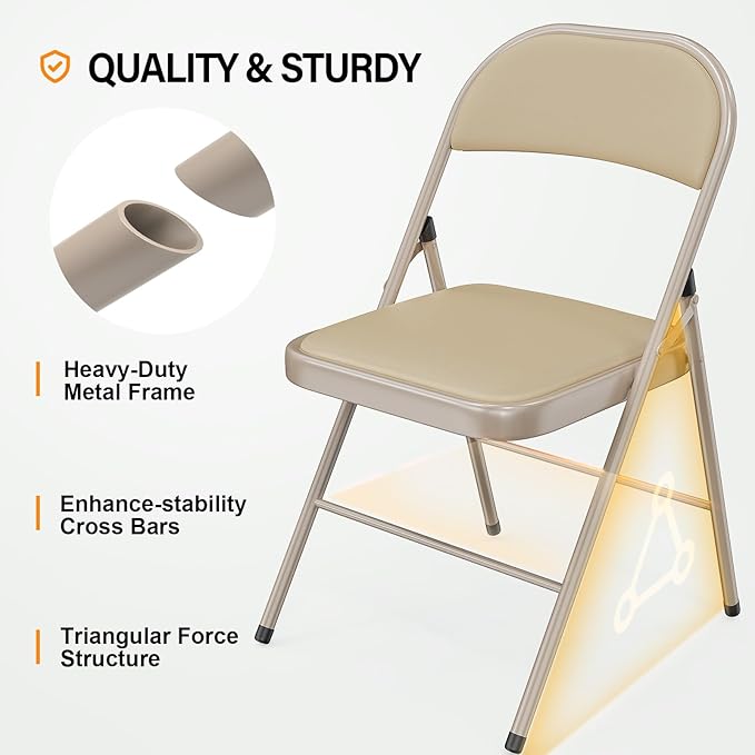 VINGLI 4 Pack Folding Chairs with Padded Seats, Metal Frame with Pu Leather Seat & Back, Capacity 350 lbs, Set of 4, Khaki