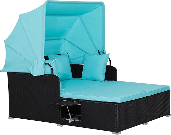 RELAX4LIFE Patio Outdoor Daybed with Canopy, Wicker Sunbed w/Cushions, 4 Pillows & 2 Retractable Side Trays, 2-Person Lounge Bed Conversation for Poolside Porch Garden, Rattan Outdoor Bed (Turquoise)