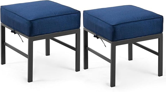 2 Pieces Outdoor Ottomans for Patio, Assembled Patio Ottomans with Bule Cushions, Metal Small Outdoor Footrest for Patio Porch Yard Garden Deck, Gray Frame