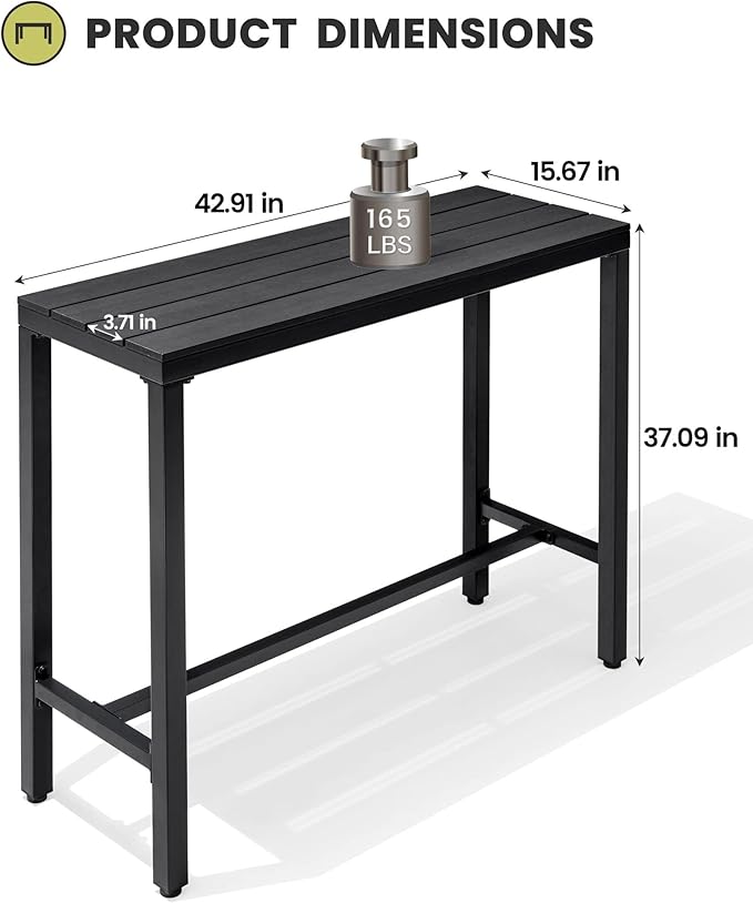 Crestlive Products Outdoor Bar Table and Chairs Set, 3 Piece Outside Patio Bar Set with 43" Long Bar Table and 2 Bar Stools for Balcony, Bistro, Garden, Backyard(Black Desktop and Beige Cushion)