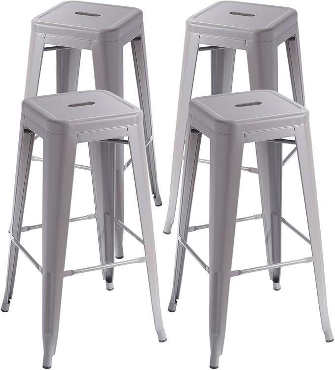 Stackable Metal Bar Stool Backless Indoor-Outdoor Counter Stools Fullmetal Dinning Chairs Set of 4 (Grey, 30 Inch)