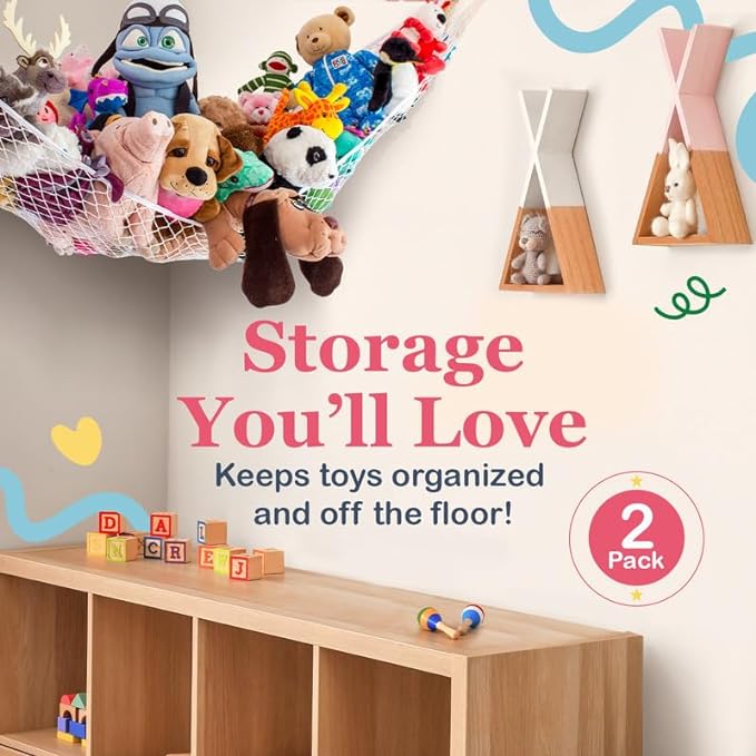 Lilly's Love Stuffed Animal Hammock | Corner Hanging Organizer, Toy Storage, Stuffed Animal Storage Net | Made from Quality Fishing Net, Holds 12lbs | 67"x47"x47" (Blue, 2 Pack)