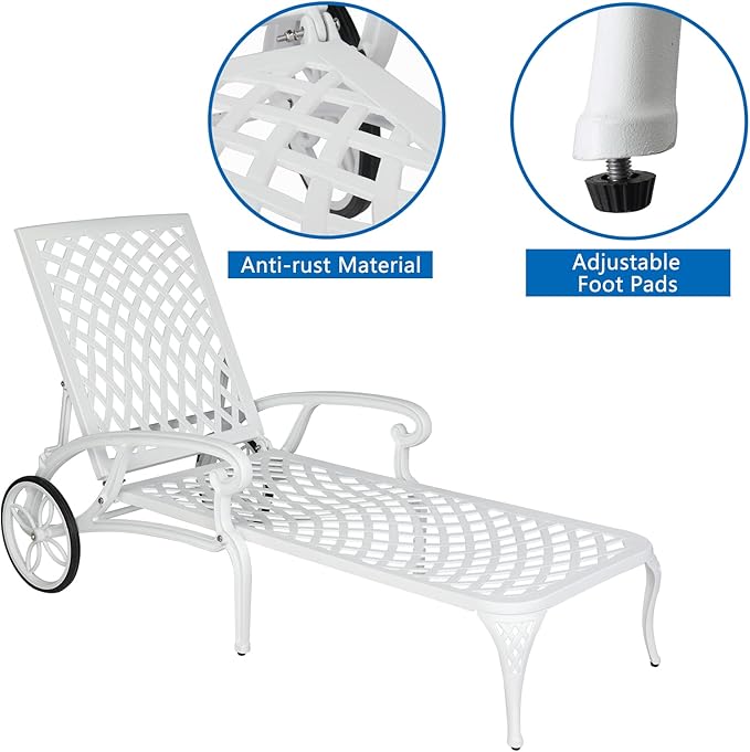 VINGLI Cast Aluminum Outdoor Chaise Lounge Chair with Wheels, Patio Chaise Lounge with 3-Position Adjustable Backrest, Tanning Chair Reclining Chair for Poolside (White, Without Cushion)