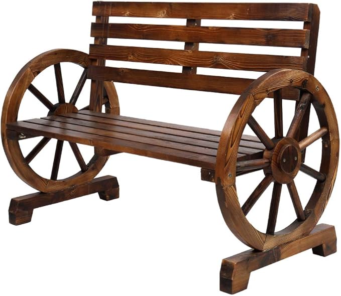 Outvita Wooden Garden Bench, Outdoor Rustic Wagon Wheel Bench with Armrest & Fir Construction for Garden Porch Backyard Patio Park, Seats 2 Person Carbonized