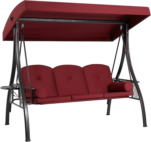 HOMREST 3 Seat Outdoor Porch Swing with 1.5" Deepened Cup Holder, Adjustable Canopy, Patio Swing Bed with Stand, Patio Glider Swing with Thicken Cushions, Pillow for Yard, Garden(Wine Red)