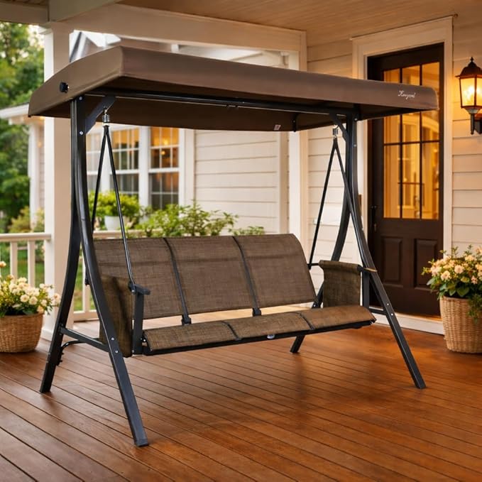 Kozyard Brenda 3-Seat Outdoor Porch Swing Glider, Patio Swing with Adjustable Canopy, Steel Frame, Breathable Textilene Seat & Back, Side Pockets (Taupe)
