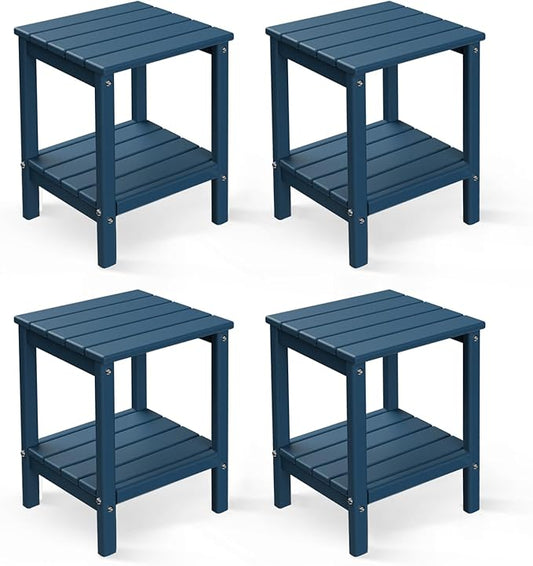 GREENVINES Adirondack-Outdoor-Side-Table | Set of 4 | 14 x 13 Inches | HDPE Plastic | All Weather | Blue | Outside End Tables | Storage Shelf | for Patio Porch Backyard Indoor